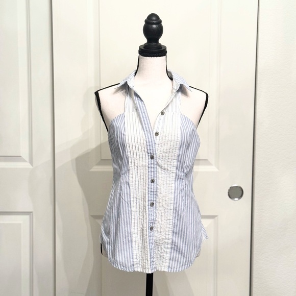 Maeve Tops - Maeve Blue, White Pinstriped Sleeveless Button-Down Top Blouse w/Collar, 0